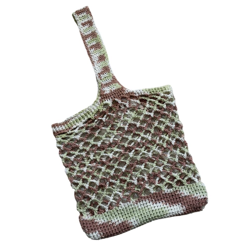 Handmade Knit Crochet Green Brown White Crossbody Bag Purse Tote